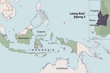 Lokasi Situs Leang Bulu&rsquo; Sipong 4 di kawasan Karst Maros Pangkep, Sulawesi Selatan. Kawasan Karst Maros Pangkep merupakan tempat yang kaya dengan seni cadas dari masa Prasejarah dan yang tertua paling tidak berusia 40 ribu tahun yang lalu. Catatan: arsiran miring dalam inset menandakan ketinggian ya