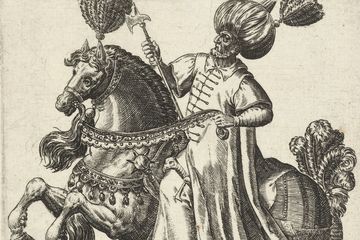 Ibrahim Pasha dari Kesultanan Ottoman Turki menunggang kuda dengan hiasan bulu pada kuda dan pakaian kebesarannya.