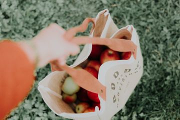 Berbelanja menggunakan kantung kain ramah lingkungan. 