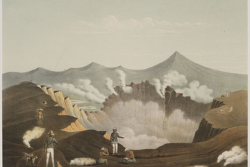 Gunung Guntur, lukisan Franz Wilhelm Junghuhn sekitar 1853-1854. Litografi karya C.W. Mieling.  