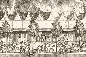 Cuplikan dalam litografi Jakob van der Schley  (1715&ndash;1779) berdasar lukisan karya Adolf van der Laan (1690 &ndash;1742) tentang Massacre des Chinois&mdash;pembantaian orang-orang Cina di Batavia pada 9 Oktober 1740. 