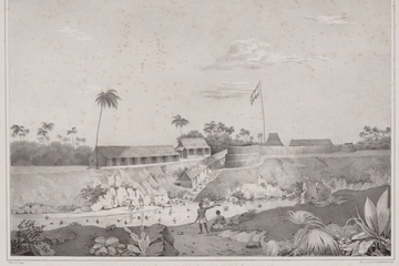 Lukisan bertajuk Redoute et camp retranche a Tempel. Benteng-medan yang berlokasi di antara jalur Yogyakarta dan Magelang untuk pertahanan Perang Jawa. Karya Fran&ccedil;ois Vincent Henri Antoine de Stuers, sekitar 1825-1830. 