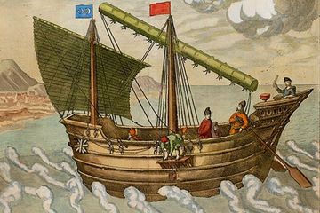 Gambar litografi kapal dagang yang melewati perairan China dan Asia Tenggara. Dua bendera di kapal menunjukkan hubungan antara Kesultanan Islam di Nusantara dengan Tiongkok.