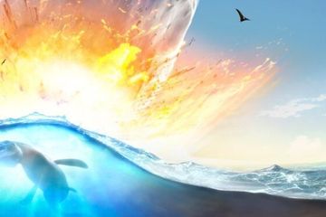 Impresi seniman ketika Asteroid Chicxulub menabrak bumi pada 65 juta tahun silam. Tumbukan  asteroid yang dahsyat ini turut mengubah atmosfer yang mengacaukan iklim. Akibat berikutnya, tumbukan ini memusnahkan begitu banyak spesies secara tiba-tiba, yang mengakhiri Zaman Mesozoikum, sekitar 65 juta tahun lalu. 