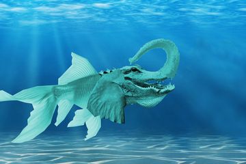 Ilustrasi monster laut, Makara yang berenang di dasar perairan.
