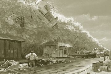 Lukisan yang mengilustrasi tsunami menghancurkan pelabuhan kecil.