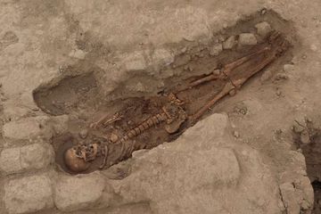 Penemuan kerangka manusia di Huaca Santa Roca de Pucala, Peru.