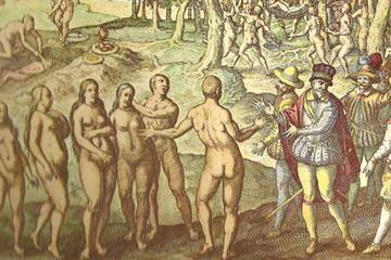 Sebuah ilustrasi yang menggambarkan perjumpaan awal Vespucci dengan penduduk lokal Amerika yang dianggap masih primitif.