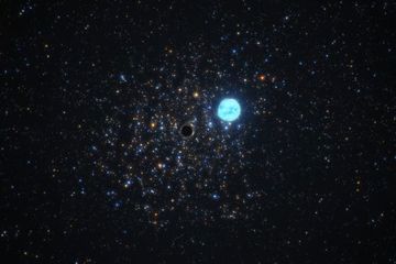 Ilustrasi seniman tentang lubang hitam di NGC 1850 yang mendistorsi bintang pendampingnya.