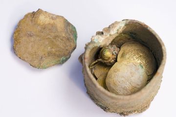 Koin emas langka dan anting-anting berada di sebuah pot perunggu berusia 900 tahun ditemukan di pelabuhan Israel kuno, Kaisarea.