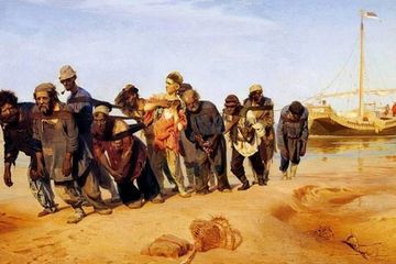 Barge Haulers di Sungai Volga, Rusia yang dilukiskan dengan sangat dramatis dan realis oleh Ilyan Repin pada 1870.