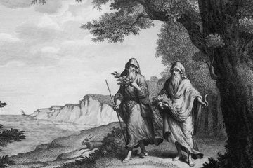 Ilustrasi abad ke-18, Dua Druid berjalan di pedesaan Inggris, ukiran abad ke-18.
