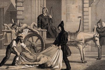 Sebuah litograf tahun 1835 oleh G. Castagnola yang menggambarkan pembuangan mayat korban kolera di Palermo, Italia.