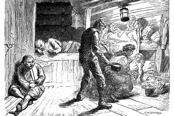 Ilustrasi para imigran Inggris Raya di palka yang kumuh menuju Quebec, Kanada.