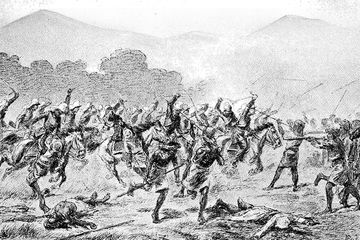 Sebuah gambaran kecamuk pertempuran antara rakyat dan tentara Hindia-Belanda.