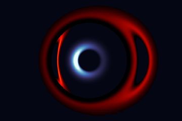 Dua lubang hitam yang bergabung. Fenomena pelensaan seperti ini dapat membantu astronom untuk mengukur lubang hitam seperti massa, ruang, dan waktunya.