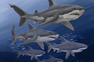 Hiu megatooth (genus Otodus) menjadi lebih besar dari waktu ke waktu. Di bagian bawah adalah nenek moyang mereka Cretalamna, yang hidup sekitar 50 juta tahun yang lalu dan ukurannya sebanding dengan hiu putih besar modern. Dari bawah: Cretalamna (panjang 3,5 meter), O. obliquus (8 m), O. auriculatus (9,5 m), O. angustidens (11,5 m), O. chubutensis (13,5 m), O. megalodon (15 m).