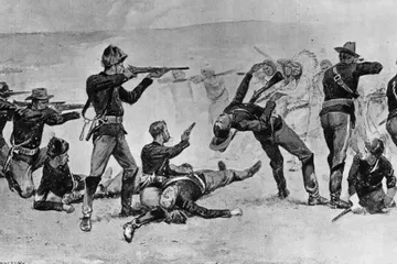 Litograf pertempuran Wounded Knee yang berakhir tragis bagi orang Lakota, Suku Indian yang terbantai di tanah leluhurnya sendiri.