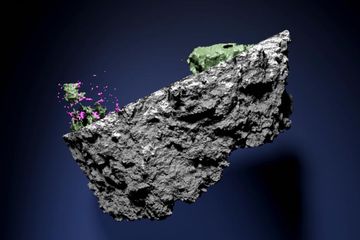 Render 3d dari meteorit yang diselidiki oleh para peneliti. Neutron dan tomografi sinar-X menunjukkan bahwa meteorit itu pernah bereaksi dengan air.