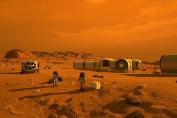 Ilustrasi tentang astronot dan habitat manusia di planet Mars. Mungkin suatu saat nanti konsep ini dapat terwujud berkat teknologi plasma untuk pemrosesan sumber daya lokal dalam menghasilkan produk di Mars.