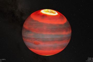 Ilustrasi cahaya inframerah atmosfer atas planet Jupiter menampilkan kecerahan lapisan atmosfer atas ini sesuai dengan suhu, dari panas ke dingin. Dalam urutan ini: putih, kuning, merah terang dan terakhir, merah tua. Aurora adalah daerah terpanas dan gambar menunjukkan bagaimana panas dapat dibawa oleh angin menjauh dari aurora dan menyebabkan pemanasan di seluruh planet.