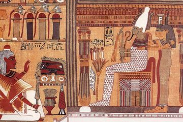 Faksimili sketsa dari Kitab Kematian Ani. Almarhum Ani berlutut di depan Osiris, hakim orang mati. Di belakang Osiris berdiri saudara perempuannya Isis dan Nephthys.