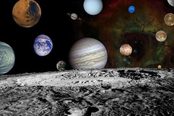 Montase tata surya dari sembilan planet dan bulan Jupiter di tata surya kita.