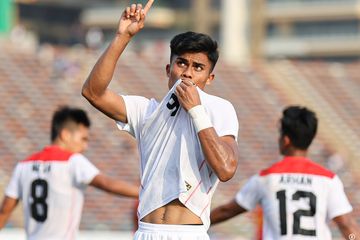 Striker timnas U-22 Indonesia, Ramadhan Sananta, merayakan gol yang dicetaknya ke gawang Timor Leste di SEA Games 2023.
