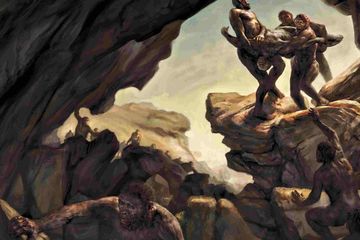 Sekelompok manusia purba Homo naledi membawa salah satu mayat mereka ke gua Rising Star dalam penggambaran seniman.