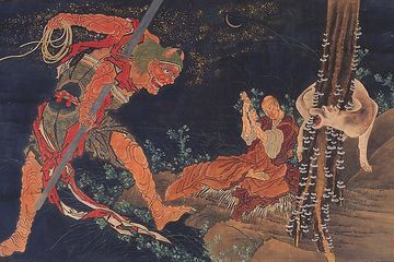 Lukisan Kukai (Kobo Daishi) Mempraktikkan Tantra, dengan Iblis (Oni) dan Serigala dalam mitologi Jepang, karya Katsushika Hokusai.