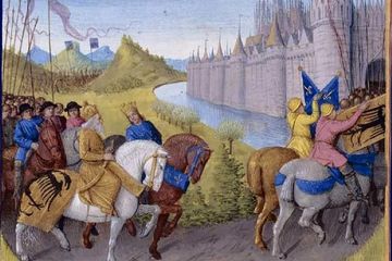 Lukisan abad ke-15 M oleh Jean Fouquet menggambarkan pasukan Perang Salib Kedua (1147-49 M) tiba di Konstantinopel.