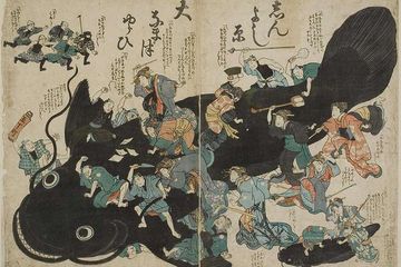 Sebuah karya seni gempa bumi bermotif namazu atau ikan lele (oleh seniman yang tidak diketahui namanya), berjudul Shin Yoshiwara ōnamazu yurai atau 