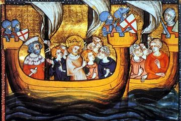 Ilustrasi abad ke-14 M tentang Louis IX dari Prancis (memerintah 1226-1270 M) meninggalkan Aigues Mortes ke Mesir pada sejarah Perang Salib Ketujuh (1248-1254 M).