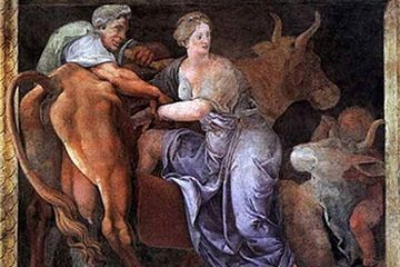 Pasiphae jatuh cinta dan kawin dengan banteng hingga melahirkan Minotaur.
