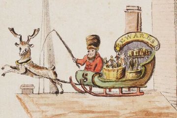 Ilustrasi Santa dan kereta luncurnya, dari The Children's Friend, New York, 1821.