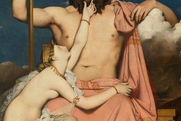 Lukisan Jupiter dan Thetis karya Jean Auguste Dominique Ingres yang menampilkan pemandangan dari sastra Iliad karya Homer, 'Ketika dia turun ke tanah di sampingnya, memeluk lututnya dengan lengan kirinya, mengangkat tangan kanannya untuk menyentuh dagunya, dan memohon kepada Putra Mahkota Cronos.'