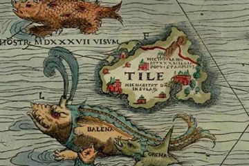 Penggambaran pulau Thule yang legendaris dalam mitologi Yunani dari Carta Marina, abad ke-16.