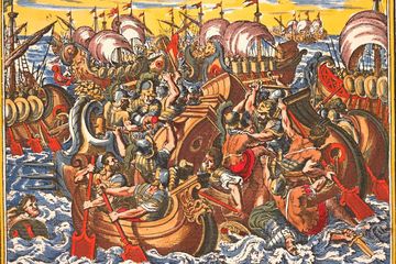 Ilustrasi karya Matthaus Merian ini menggambarkan kekalahan angkatan laut Athena di dekat Korintus dalam Perang Peloponnesia sekitar tahun 430 SM. Perang ini adalah upaya berebut kuasa dan pengaruh antara Athena dan Sparta yang mengakhiri era negara-negara kota Yunani kuno.