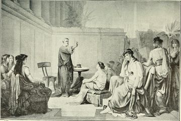 Gambar dari tahun 1913 yang menunjukkan Pythagoras sedang mengajar di hadapan murid-murid wanita. Pythagoras adalah tokoh terkenal dalam sejarah dunia.