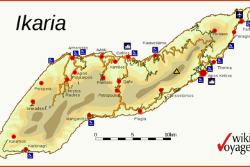 Peta pulau Ikaria. Ikaria, pulau kecil yang tundukkan Ottoman dan jadi negara terkecil dalam sejarah dunia. Simak kisahnya!