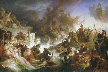The Battle of Salamis (Pertempuran Salamis) pada zaman Yunani kuno. Lukisan karya Wilhelm von Kaulbach, 1868. 