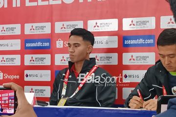 Gelandang Timnas Indonesia, Marselino Ferdinan, dalam sesi konferensi pers jelang laga kedua Grup B melawan Timnas Laos, Rabu (11/12/2024) sore WIB.