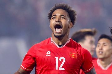 Selebrasi Nguyen Xuan Son saat mencetak gol untuk Vietnam di ASEAN Cup 2024.