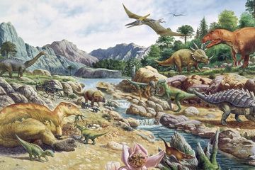 Penggambaran kehidupan Cretaceous ini menunjukkan berbagai macam dinosaurus yang hidup antara 145 dan 65 juta tahun yang lalu, termasuk maiasaur (kiri depan); tarbosaurus (kanan atas), dan pterosaurus (tengah atas).