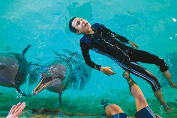 Akbar (12), penyandang gangguan spektrum autisme, melakukan terapi bersama lumba-lumba. 