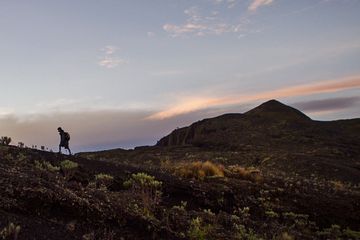 Seorang pendaki menapaki jalur menuju puncak Gunung Tambora dengan ketinggian 2.850 meter.