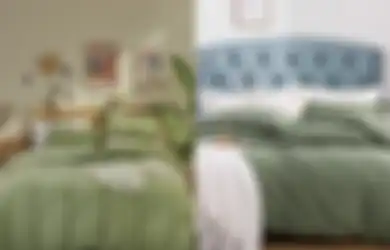 Mix and Match Bed Cover Warna Hijau Sage di Kamar Tidur Minimalis