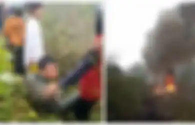 Asap Hitamnya Membumbung Tinggi, Inilah Detik-detik Helikopter Diduga Milik TNI Jatuh Terbakar di Bandung, Korban Sampai Terkulai Lemas
