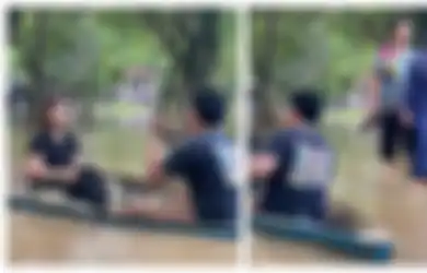 Mesra Dayung Perahu, Pasangan Ini Bikin Emak-emak Jengkel Gegara Air Banjir Hanya Setinggi Mata Kaki, Videonya Viral di TikTok
