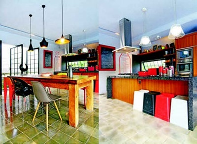(ki) Ruang makan didesain tidak formal. (ka) Dapur dnegan desain simpel modern.